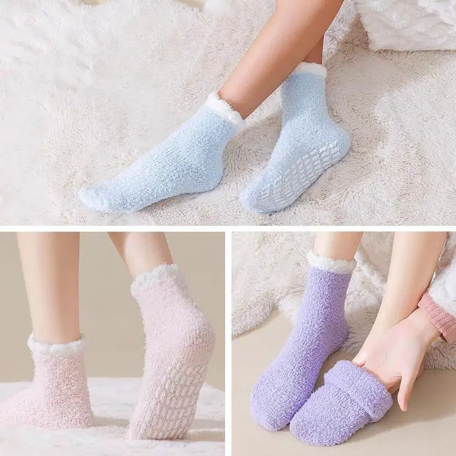 Alt view image 2 of 6 - 5 Pairs Fuzzy Socks with Grips for Women, Non Slip Cozy Fluffy Soft Socks, Winter Sleep Slipper Hospital