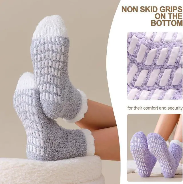 Alt view image 4 of 7 - 5 Pairs Fuzzy Socks with Grips for Women, Non Slip Cozy Fluffy Soft Socks, Winter Sleep Slipper Hospital