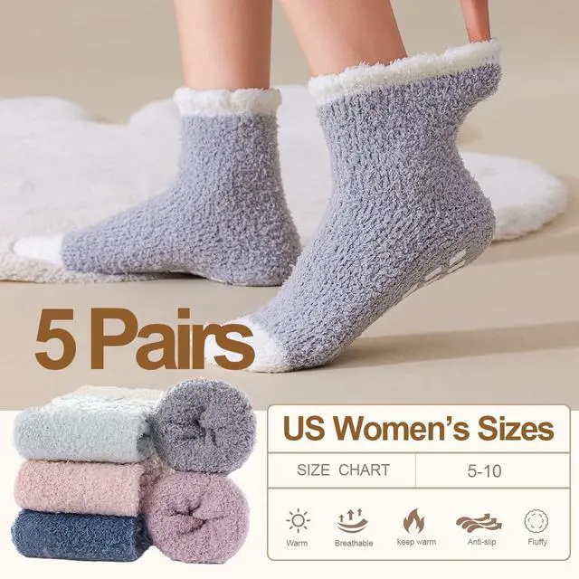 Alt view image 6 of 7 - 5 Pairs Fuzzy Socks with Grips for Women, Non Slip Cozy Fluffy Soft Socks, Winter Sleep Slipper Hospital