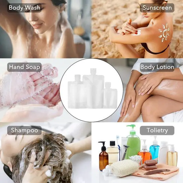 Alt view image 6 of 6 - 18 Pieces 3 Sizes 30ml/50ml/100ml Travel Size Refillable Empty Squeeze Pouch, Stand Up Pouch for Toiletry, Lotion Shampoo Shower Gel Squeezable Bags, Leakproof Cosmetic Containers
