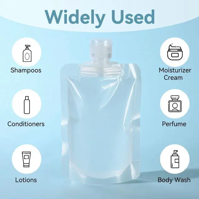 Alt view image 2 of 7 - 6 Pack Travel Pouches for Toiletries, 100ml/3.51fl oz Fluid Makeup Packing Bag Squeezable Refillable Clear Leakproof PET Plastic Squeeze Pouch Bottle (6)