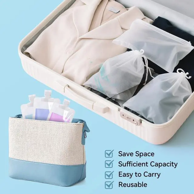 Alt view image 3 of 7 - 6 Pack Travel Pouches for Toiletries, 100ml/3.51fl oz Fluid Makeup Packing Bag Squeezable Refillable Clear Leakproof PET Plastic Squeeze Pouch Bottle (6)
