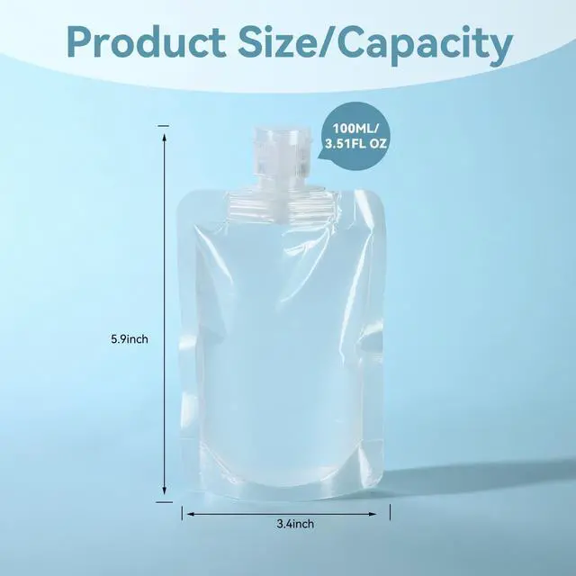 Alt view image 4 of 7 - 6 Pack Travel Pouches for Toiletries, 100ml/3.51fl oz Fluid Makeup Packing Bag Squeezable Refillable Clear Leakproof PET Plastic Squeeze Pouch Bottle (6)