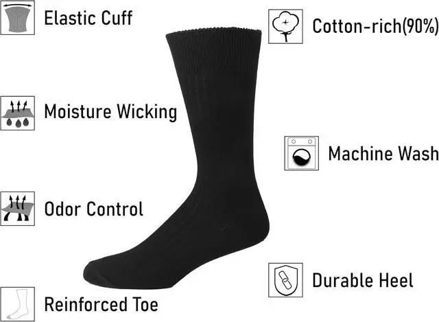 Alt view image 4 of 6 - Falari Men Dress Socks 5-Pack Plain Rib Black Dress Socks Cotton Crew Socks Size 10-13