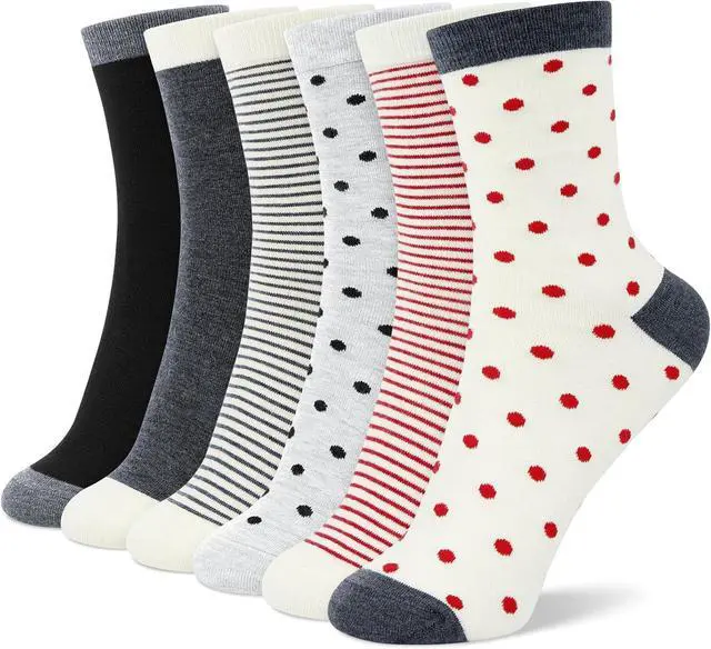 Main image of 6 Pairs Crew Socks for Women, Soft Cute Funny Cotton Socks | Gentle Blend Fabric, Elastic Cuff, Tough Stuff, Tight Weave, Modern Novelty, Playful Striped, Dot Motifs, Casual Daliy Wear