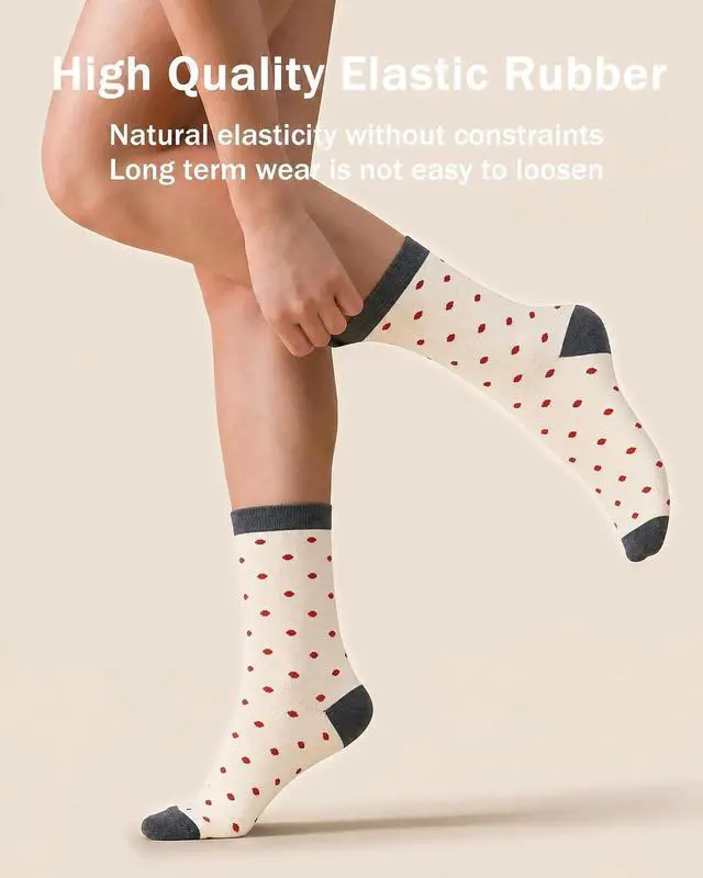 Alt view image 4 of 6 - 6 Pairs Crew Socks for Women, Soft Cute Funny Cotton Socks | Gentle Blend Fabric, Elastic Cuff, Tough Stuff, Tight Weave, Modern Novelty, Playful Striped, Dot Motifs, Casual Daliy Wear