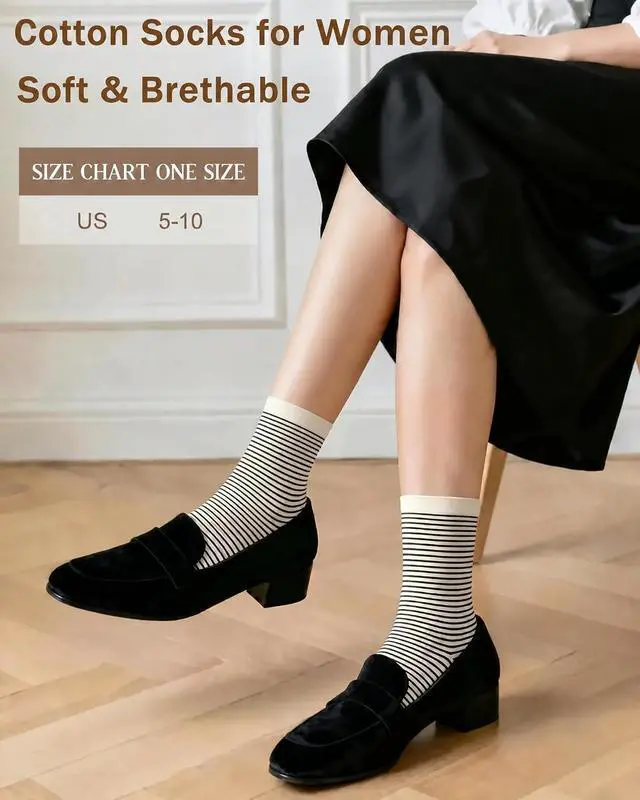 Alt view image 5 of 6 - 6 Pairs Crew Socks for Women, Soft Cute Funny Cotton Socks | Gentle Blend Fabric, Elastic Cuff, Tough Stuff, Tight Weave, Modern Novelty, Playful Striped, Dot Motifs, Casual Daliy Wear