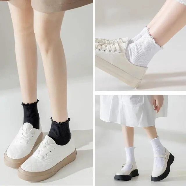 Alt view image 2 of 7 - Ginmewrae Womens Ruffle Socks Cute Frilly Ankle Breathable Cotton Warm Soft Casual Crew Socks for Women 6 Pack