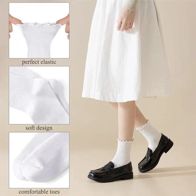 Alt view image 4 of 7 - Ginmewrae Womens Ruffle Socks Cute Frilly Ankle Breathable Cotton Warm Soft Casual Crew Socks for Women 6 Pack