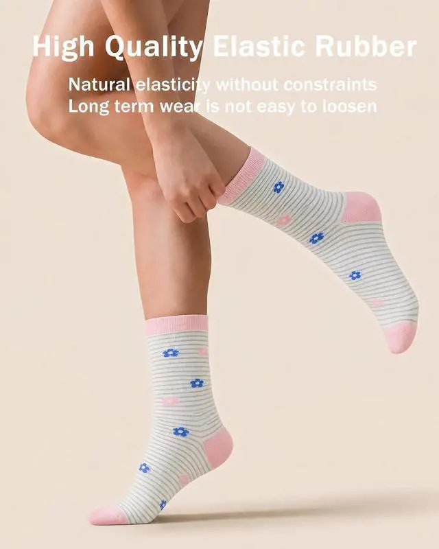Alt view image 4 of 6 - 6 Pairs Crew Socks for Women, Soft Cute Funny Cotton Socks | Gentle Blend Fabric, Elastic Cuff, Tough Stuff, Tight Weave, Modern Novelty, Playful Striped, Dot Motifs, Casual Daliy Wear