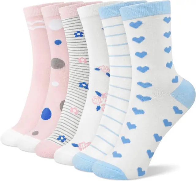 Main image of 6 Pairs Crew Socks for Women, Soft Cute Funny Cotton Socks | Gentle Blend Fabric, Elastic Cuff, Tough Stuff, Tight Weave, Modern Novelty, Playful Striped, Dot Motifs, Casual Daliy Wear