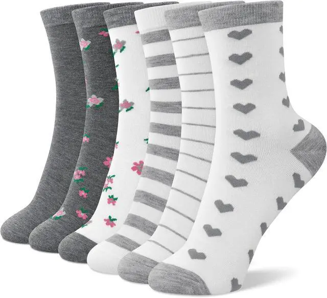 Main image of 6 Pairs Crew Socks for Women, Soft Cute Funny Cotton Socks | Gentle Blend Fabric, Elastic Cuff, Tough Stuff, Tight Weave, Modern Novelty, Playful Striped, Dot Motifs, Casual Daliy Wear