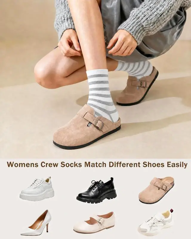Alt view image 6 of 6 - 6 Pairs Crew Socks for Women, Soft Cute Funny Cotton Socks | Gentle Blend Fabric, Elastic Cuff, Tough Stuff, Tight Weave, Modern Novelty, Playful Striped, Dot Motifs, Casual Daliy Wear