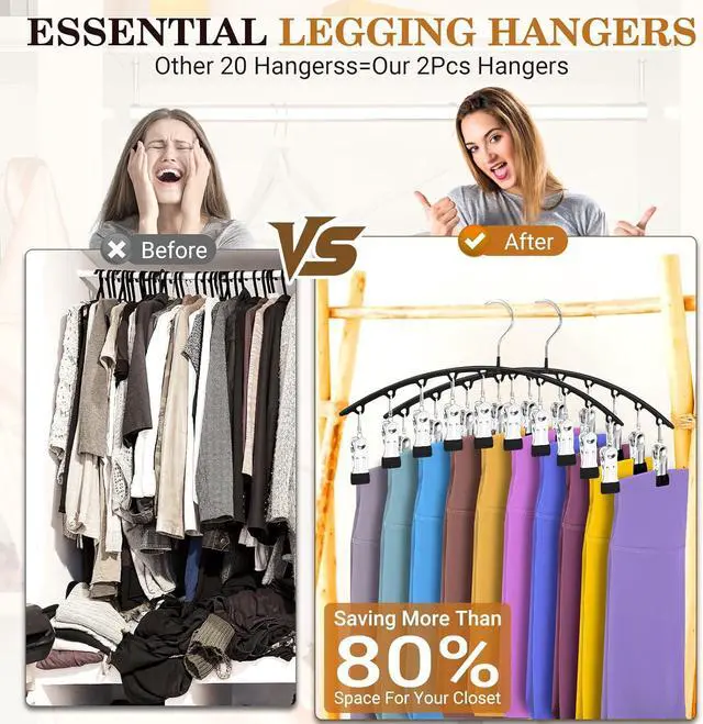 Alt view image 4 of 6 - Legging Organizer for Closet, Metal Yoga Pants Hangers 2 Pack w/10 Clips Holds 20 Leggings, Space Saving, Clips Hanger for Pants, Shorts, Scarf, Hats (Black+Grey)