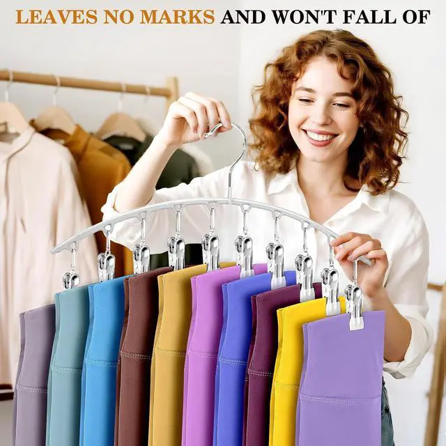 Alt view image 6 of 6 - Legging Organizer for Closet, Metal Yoga Pants Hangers 2 Pack w/10 Clips Holds 20 Leggings, Space Saving, Clips Hanger for Pants, Shorts, Scarf, Hats (Black+Grey)