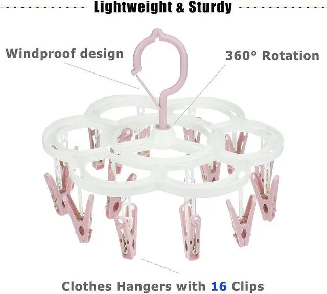 Alt view image 2 of 5 - Clothespin Rack Laundry Drying Rack,Clothes Hangers with 16 Clips,Clip Hanger Drip Hanger for Drying Underwear,Baby Clothes,Socks,Bras,Towel,Pants,Hat,Scarf,Cloth Diapers,Gloves (Light Pink)