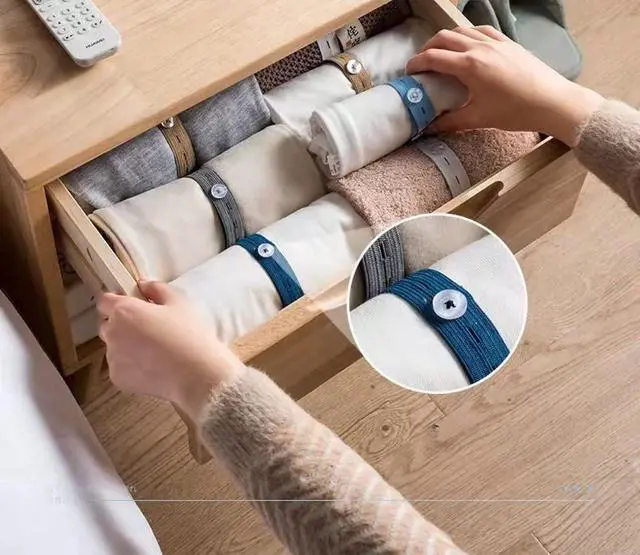 Alt view image 2 of 7 - 20Pcs Elastic Band with Buttonholes, Stretchable Connectable, Roll-up Clothes Storage Band, Adjustable Clothing Storage Strap with Button, Travel Luggage Space Saver, Drawer & Closet Organizer, Black