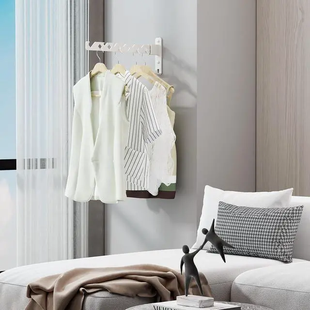 Alt view image 2 of 7 - Wall Mounted Clothes Drying Rack, Wall Clothes Hanger Foldable, Laundry Hanger Hook for Bathroom, Wall Clothes Rack Indoor, Perfect for Small Spaces, White