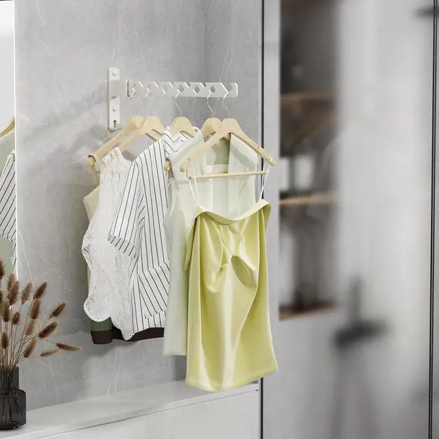 Alt view image 3 of 7 - Wall Mounted Clothes Drying Rack, Wall Clothes Hanger Foldable, Laundry Hanger Hook for Bathroom, Wall Clothes Rack Indoor, Perfect for Small Spaces, White
