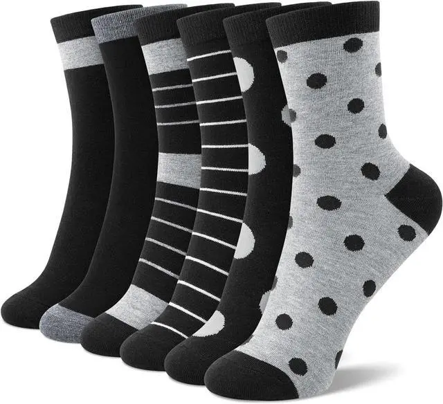 Main image of 6 Pairs Crew Socks for Women, Soft Cute Funny Cotton Socks | Gentle Blend Fabric, Elastic Cuff, Tough Stuff, Tight Weave, Modern Novelty, Playful Striped, Dot Motifs, Casual Daliy Wear