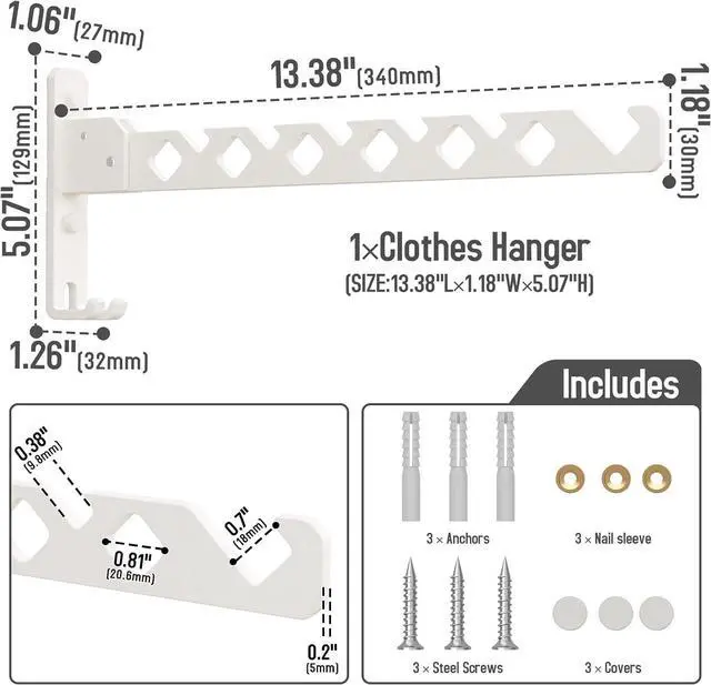 Alt view image 6 of 7 - Wall Mounted Clothes Drying Rack, Wall Clothes Hanger Foldable, Laundry Hanger Hook for Bathroom, Wall Clothes Rack Indoor, Perfect for Small Spaces, White