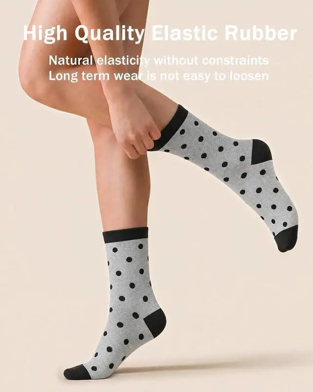 Alt view image 4 of 6 - 6 Pairs Crew Socks for Women, Soft Cute Funny Cotton Socks | Gentle Blend Fabric, Elastic Cuff, Tough Stuff, Tight Weave, Modern Novelty, Playful Striped, Dot Motifs, Casual Daliy Wear