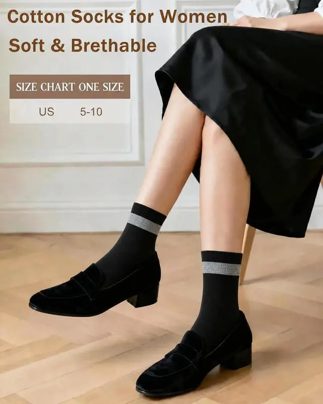 Alt view image 5 of 6 - 6 Pairs Crew Socks for Women, Soft Cute Funny Cotton Socks | Gentle Blend Fabric, Elastic Cuff, Tough Stuff, Tight Weave, Modern Novelty, Playful Striped, Dot Motifs, Casual Daliy Wear