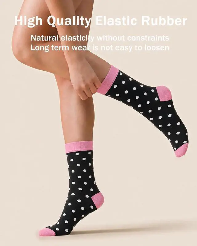 Alt view image 4 of 6 - 6 Pairs Crew Socks for Women, Soft Cute Funny Cotton Socks | Gentle Blend Fabric, Elastic Cuff, Tough Stuff, Tight Weave, Modern Novelty, Playful Striped, Dot Motifs, Casual Daliy Wear