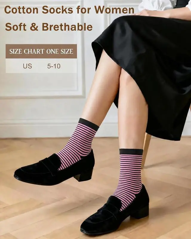 Alt view image 5 of 6 - 6 Pairs Crew Socks for Women, Soft Cute Funny Cotton Socks | Gentle Blend Fabric, Elastic Cuff, Tough Stuff, Tight Weave, Modern Novelty, Playful Striped, Dot Motifs, Casual Daliy Wear