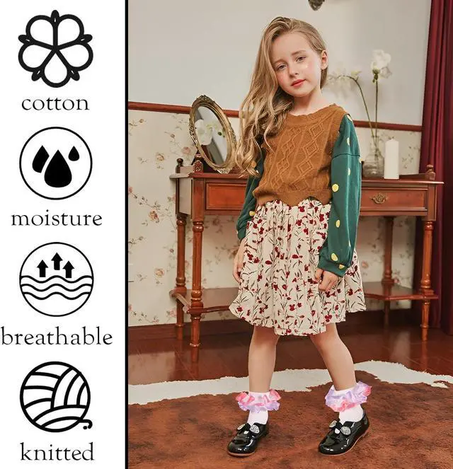 Alt view image 5 of 7 - Toddler Girls Two Tone Lace Ruffle Socks, Double Turn Cuff Frilly Fancy Dress Socks for Baby Girls 1T-3T/4T-6T/6-8T