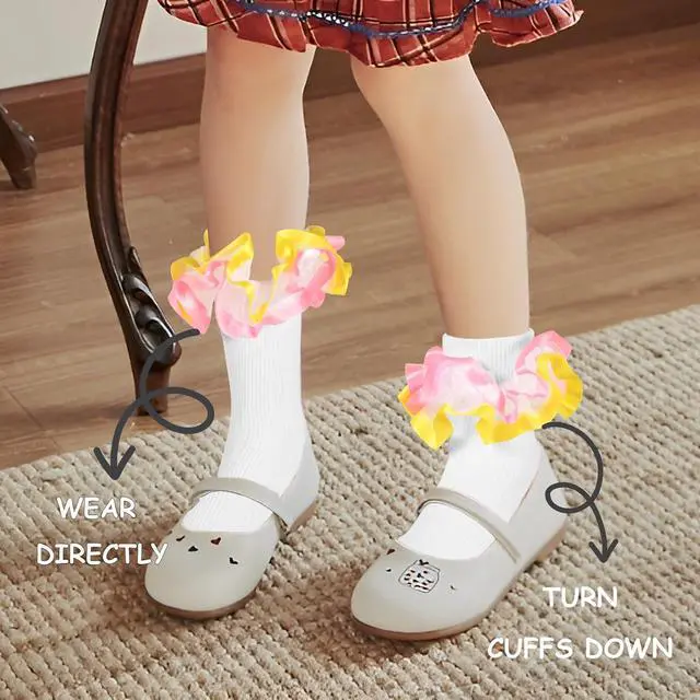 Alt view image 6 of 7 - Toddler Girls Two Tone Lace Ruffle Socks, Double Turn Cuff Frilly Fancy Dress Socks for Baby Girls 1T-3T/4T-6T/6-8T
