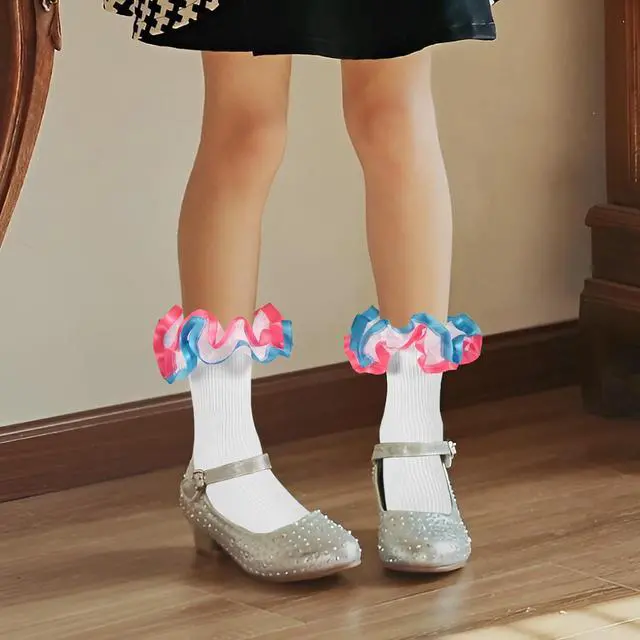 Alt view image 7 of 7 - Toddler Girls Two Tone Lace Ruffle Socks, Double Turn Cuff Frilly Fancy Dress Socks for Baby Girls 1T-3T/4T-6T/6-8T