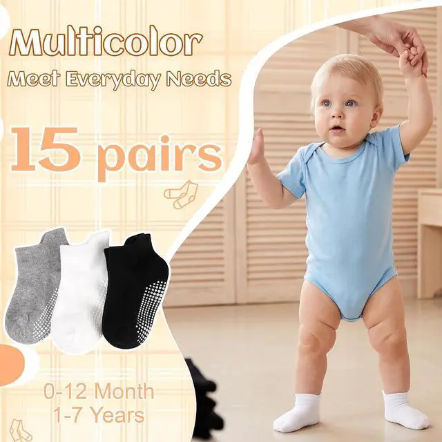 Alt view image 3 of 7 - HYCLES 15 Pairs Toddler Socks, Kids Grip Socks for 6-12 Month 1-7 Years Non Slip Ankle Sock for Baby Boys Girls