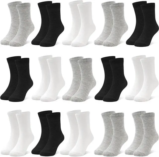 Main image of ZERULETS 15 Pairs Kids Socks Toddler Crew School Athletic Socks 1-14 Years | Boys Girls Dress Mid Calf Cut Socks, Black, White, Gray, Fit for School, Daily, Casual, Sports
