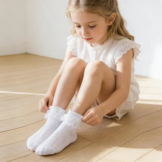Alt view image 4 of 7 - 1 Pack Little Girls Cotton Lace Socks,Lace Ruffle Frilly Comfortable Princess Style Dress Socks