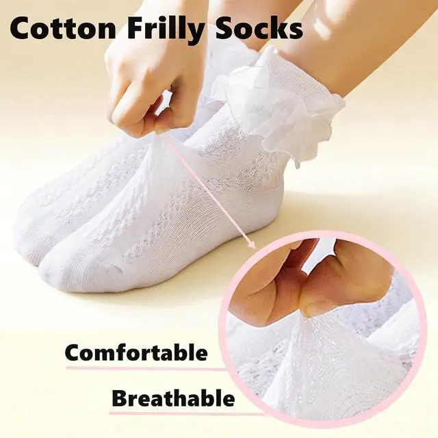 Alt view image 7 of 7 - 1 Pack Little Girls Cotton Lace Socks,Lace Ruffle Frilly Comfortable Princess Style Dress Socks
