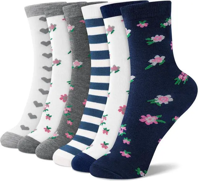 Main image of 6 Pairs Crew Socks for Women, Soft Cute Funny Cotton Socks | Gentle Blend Fabric, Elastic Cuff, Tough Stuff, Tight Weave, Modern Novelty, Playful Striped, Dot Motifs, Casual Daliy Wear