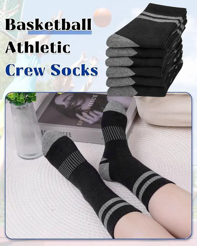 Alt view image 2 of 7 - Toddler Kids Boys Basketball Athletic Crew Socks 6 Pairs | Youth Girls, Long Soft Cozy, Casual Cotton, Striped Seamless, Sports Socks for School Uniform, Holiday Outdoor