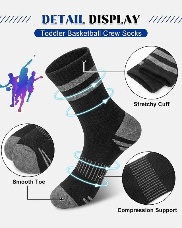Alt view image 3 of 7 - Toddler Kids Boys Basketball Athletic Crew Socks 6 Pairs | Youth Girls, Long Soft Cozy, Casual Cotton, Striped Seamless, Sports Socks for School Uniform, Holiday Outdoor