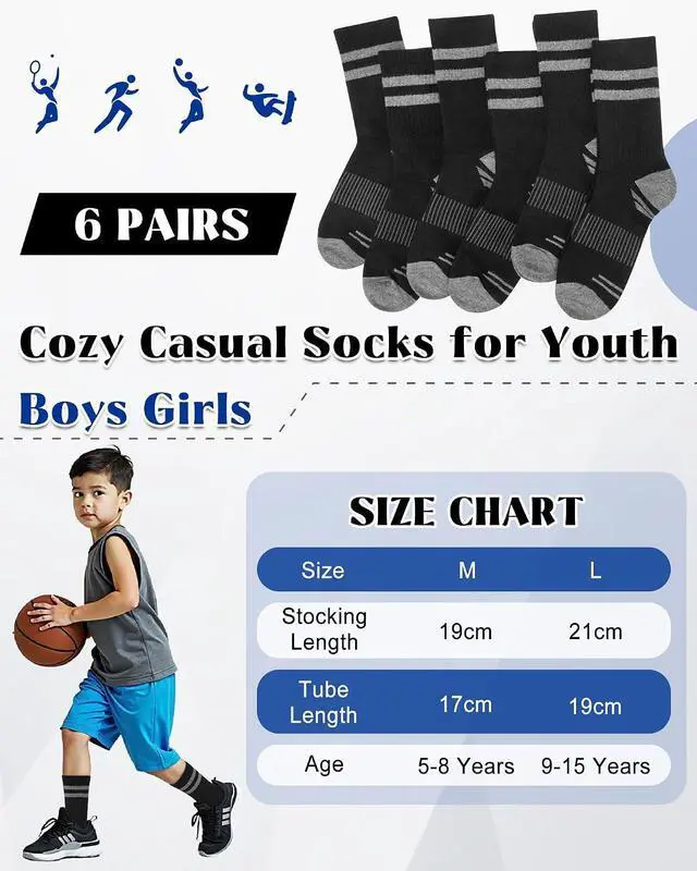Alt view image 5 of 7 - Toddler Kids Boys Basketball Athletic Crew Socks 6 Pairs | Youth Girls, Long Soft Cozy, Casual Cotton, Striped Seamless, Sports Socks for School Uniform, Holiday Outdoor