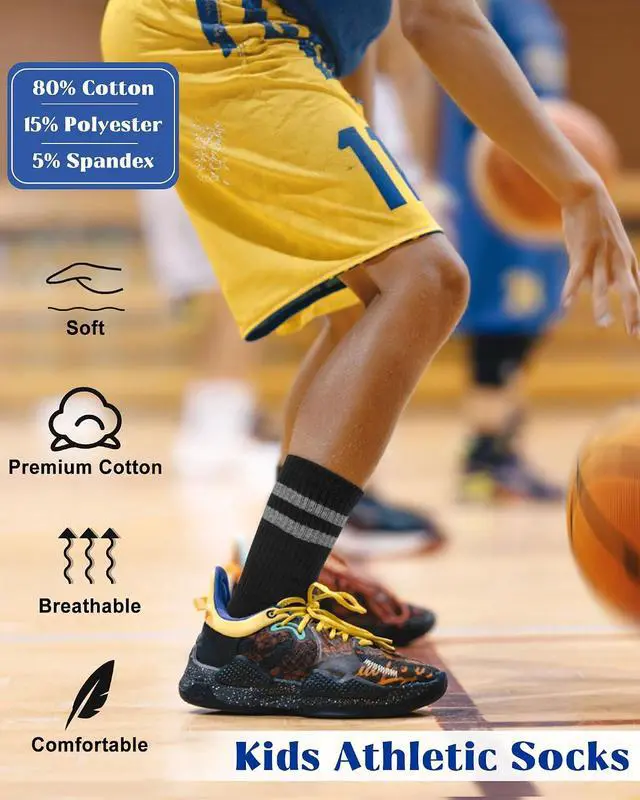 Alt view image 4 of 7 - Toddler Kids Boys Basketball Athletic Crew Socks 6 Pairs | Youth Girls, Long Soft Cozy, Casual Cotton, Striped Seamless, Sports Socks for School Uniform, Holiday Outdoor