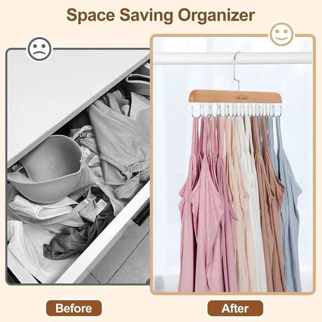 Alt view image 3 of 7 - TOPIA HANGER 2 Pack Bra Hanger for Closet, Premium Wooden Tank Top Hangers | 40 Foldable Hooks, 360°Rotating Hooks, Easy to Install, Durable Solid Wood, Space Saving Storage for Tank Tops, Bras, Belts