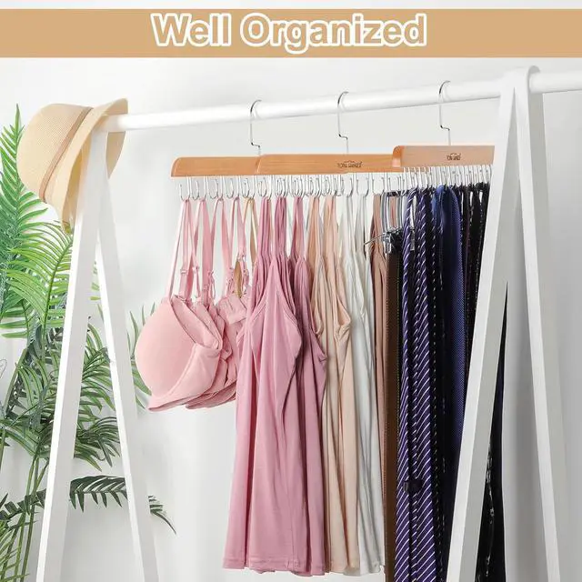 Alt view image 6 of 7 - TOPIA HANGER 2 Pack Bra Hanger for Closet, Premium Wooden Tank Top Hangers | 40 Foldable Hooks, 360°Rotating Hooks, Easy to Install, Durable Solid Wood, Space Saving Storage for Tank Tops, Bras, Belts
