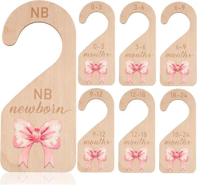 Main image of 7PCS Wooden Baby Closet Dividers, Pink Bow Baby Clothes Organizer, Double-Sided Nursery Clothes Size Hanger Organizer from Newborn to 24 Months for Boho Nursery Decor