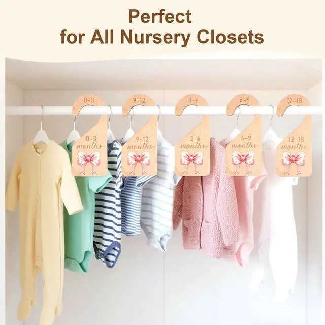 Alt view image 3 of 7 - 7PCS Wooden Baby Closet Dividers, Pink Bow Baby Clothes Organizer, Double-Sided Nursery Clothes Size Hanger Organizer from Newborn to 24 Months for Boho Nursery Decor