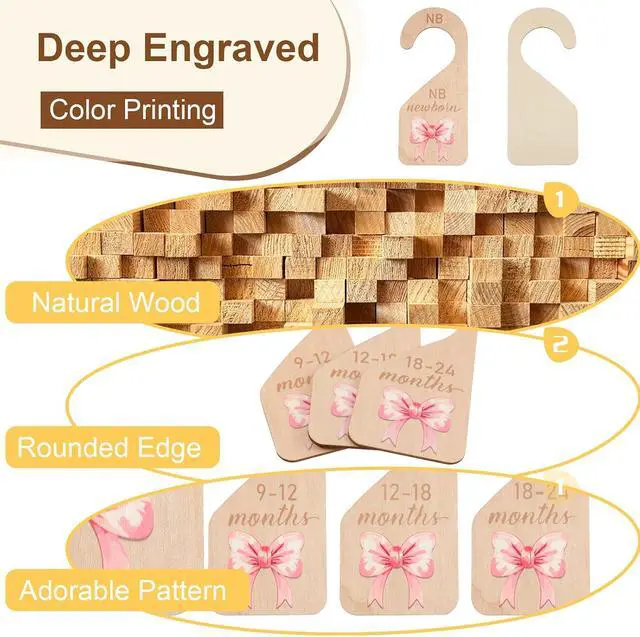 Alt view image 4 of 7 - 7PCS Wooden Baby Closet Dividers, Pink Bow Baby Clothes Organizer, Double-Sided Nursery Clothes Size Hanger Organizer from Newborn to 24 Months for Boho Nursery Decor