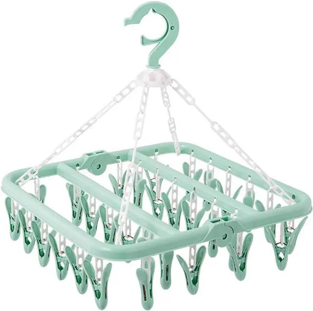 Main image of SteelFever Clothes Drying Hanger with 32 Clips, Foldable Hanging Drying Rack for Clothes Underwear Socks (Light Green)