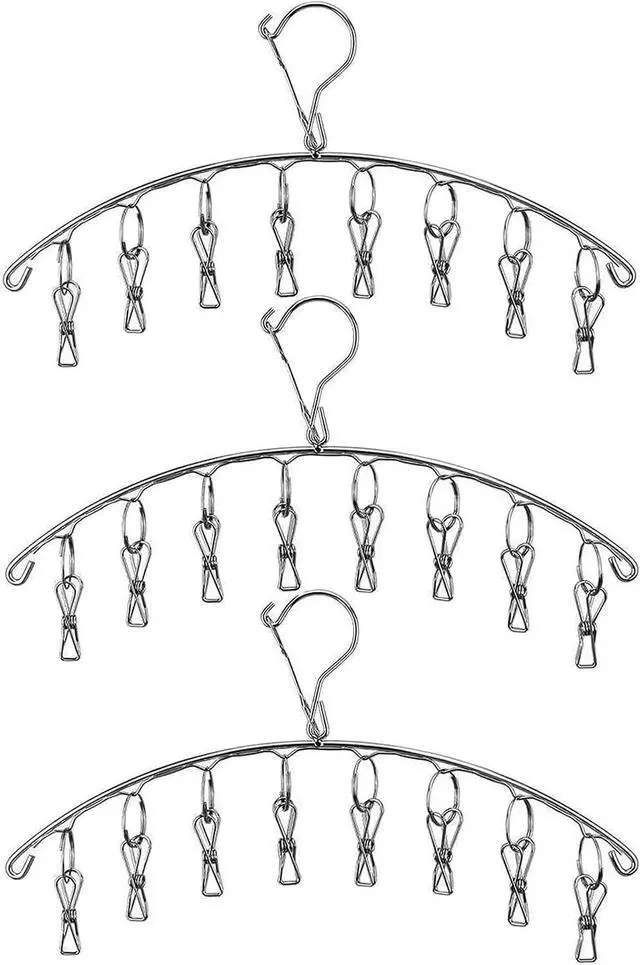Main image of Stainless Steel Laundry Drying Rack Clothes Hanger with Windproof Hook,Underwear Hanger,Clothes Hangers with 8 Clips for Drying Socks,Diapers,Baby Clothes (3 Pack)