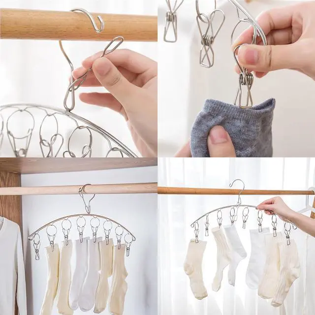 Alt view image 2 of 7 - Stainless Steel Laundry Drying Rack Clothes Hanger with Windproof Hook,Underwear Hanger,Clothes Hangers with 8 Clips for Drying Socks,Diapers,Baby Clothes (3 Pack)