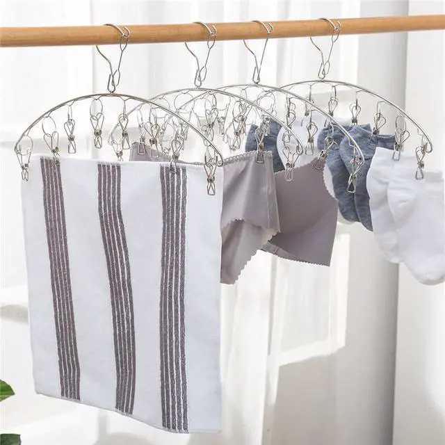Alt view image 5 of 7 - Stainless Steel Laundry Drying Rack Clothes Hanger with Windproof Hook,Underwear Hanger,Clothes Hangers with 8 Clips for Drying Socks,Diapers,Baby Clothes (3 Pack)